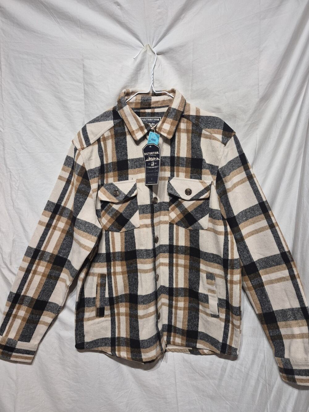 Distortion Mens Plaid Flannel Shirt Jacket Tan Black Cream Button Up Size L NEW